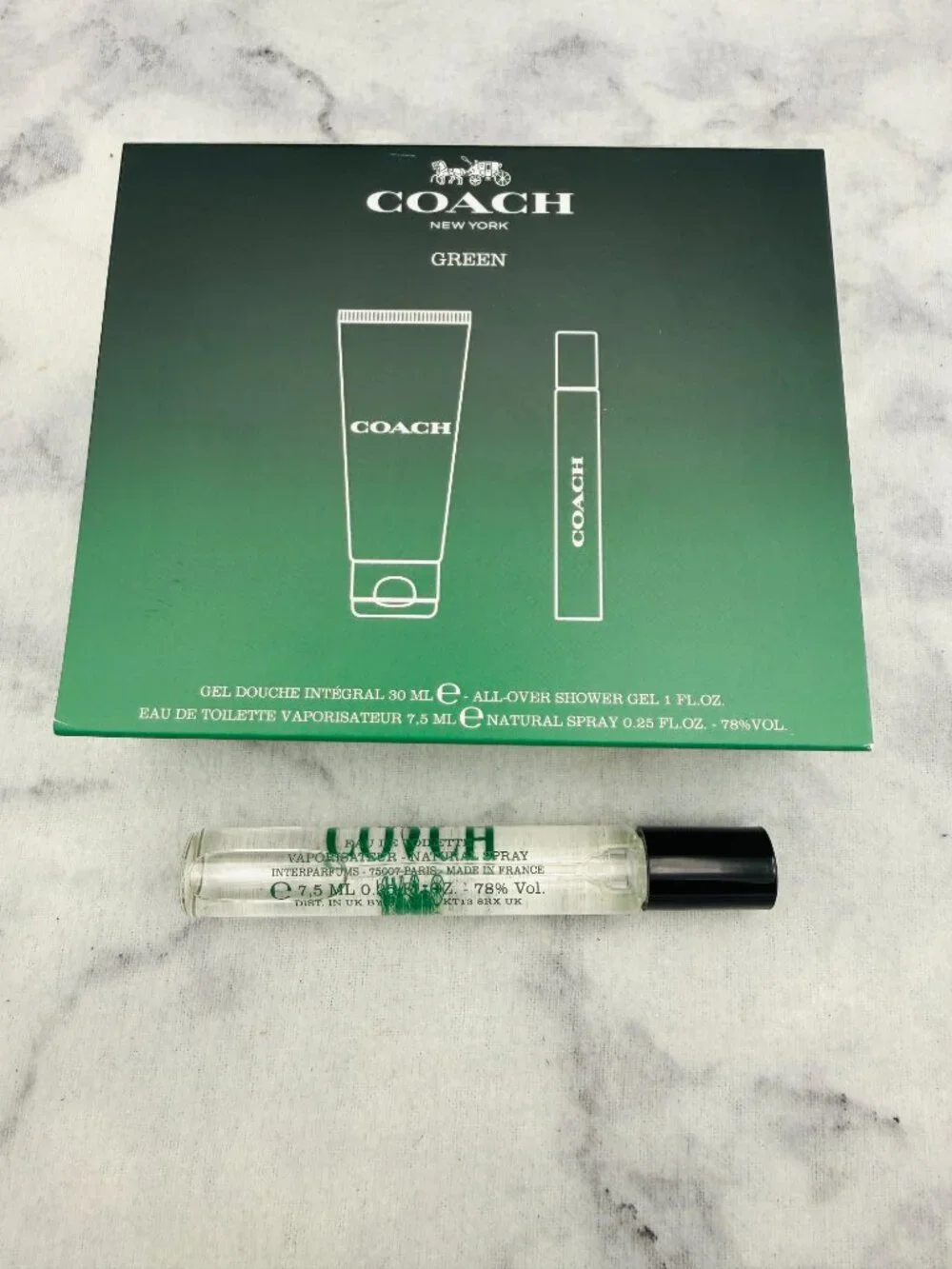 Coach Green EDT Discovery Kit-Metal Box,Shower Gel 30ml&Mini Spray 7.5ml-2pc-NEW